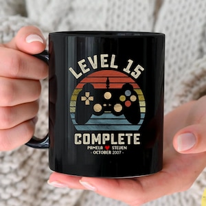 Regalo del 15.° aniversario de bodas para esposo y esposa, nivel de personalización 15 completo, regalo del 15.° aniversario para jugadores, taza de videojuego retro