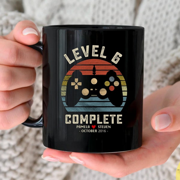 6. Hochzeitstag Geschenk für Ehemann Frau, Personalisierung Level 6 komplett, 6 Jahre Jubiläumsgeschenk für Gamer, Retro Videospiel Becher