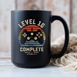 10th Wedding Anniversary Gift for Husband Wife, Personalization Level 10 Complete, 10 year Anniversary Gift for Gamer, Retro Video Game Mug