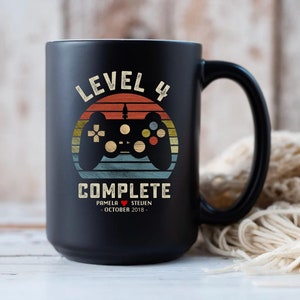 4th Wedding Anniversary Gift for Husband Wife, Personalization Level 4 Complete, 4 year Anniversary Gift for Gamer, Retro Video Game Mug