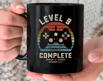 9th Wedding Anniversary Gift for Husband Wife, Personalization Level 9 Complete, 9 year Anniversary Gift for Gamer, Retro Video Game Mug