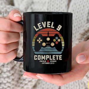 9th Wedding Anniversary Gift for Husband Wife, Personalization Level 9 Complete, 9 year Anniversary Gift for Gamer, Retro Video Game Mug