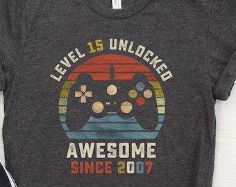 T-shirt voor de 15e verjaardag, shirt met de tekst "Level Unlocked", shirt voor de vijftiende verjaardag, shirt voor een jongen voor de 15e verjaardag, verjaardagscadeau voor de 15e verjaardag, shirts voor een 15e verjaardagsfeestje