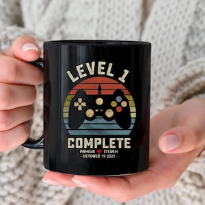 1st Wedding Anniversary Gift for Husband Wife, Personalization Level 1 Complete, 1 year Anniversary Gift for Gamer, Retro Video Game Mug