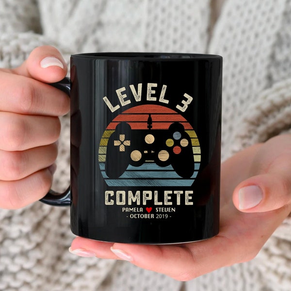 3rd Wedding Anniversary Gift for Husband Wife, Personalization Level 3 Complete, 3 year Anniversary Gift for Gamer, Retro Video Game Mug