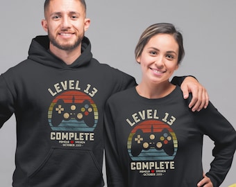 13th Wedding Anniversary Gift for Husband Wife, Personalization Level 13 Complete, 13 year Anniversary Gift for Gamer,Retro Video Game Shirt
