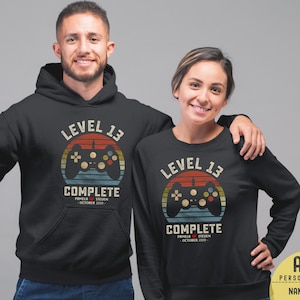 13th Wedding Anniversary Gift for Husband Wife, Personalization Level 13 Complete, 13 year Anniversary Gift for Gamer,Retro Video Game Shirt
