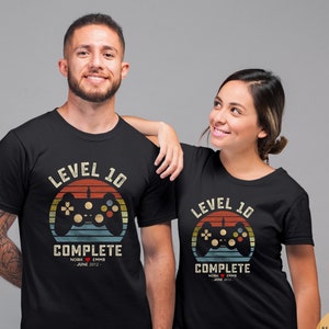 10th Wedding Anniversary Gift for Husband Wife Personalization Level 10 Complete, Anniversary Gift,Gamer Husband Gift,Retro Video Game Shirt