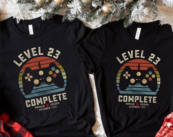 23rd Wedding Anniversary Gift for Husband Wife, Personalization Level 23 Complete, 23 year Anniversary Gift for Gamer,Retro Video Game Shirt