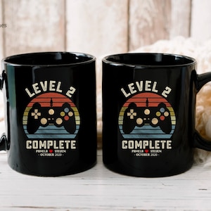 2nd Wedding Anniversary Gift for Husband Wife, Personalization Level 2 Complete, 2 year Anniversary Gift for Gamer, Retro Video Game Mug