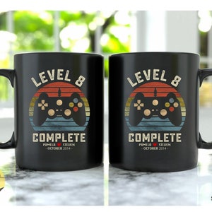 8th Wedding Anniversary Gift for Husband Wife, Personalization Level 8 Complete, 8 year Anniversary Gift for Gamer, Retro Video Game Mug