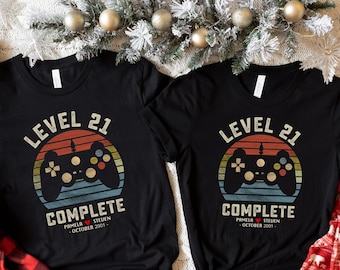 21st Wedding Anniversary Gift for Husband Wife, Personalization Level 21 Complete, 21 year Anniversary Gift for Gamer,Retro Video Game Shirt