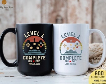 Personalized Gamer Anniversary Mug, Level 1 Complete, 1st Wedding Gift for Husband Wife, Custom Video Game Mug, Retro Gaming Couple Gift