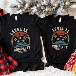 11th Wedding Anniversary Gift for Husband Wife, Personalization Level 11 Complete, 11 year Anniversary Gift for Gamer,Retro Video Game Shirt