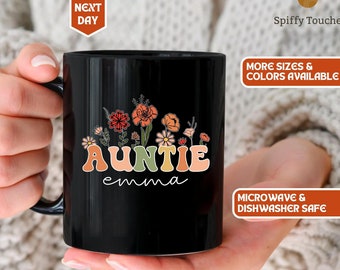 Personalisierte Wildblumen Tante Tasse für Tante Tasse mit Namen, individuelles Geschenk für Tante Schwangerschaftansage offenbaren an Tante Muttertagsgeschenk