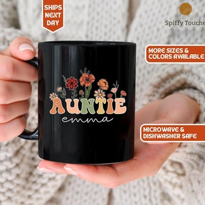 Personalized Wildflowers Auntie Mug for Aunt Mug With Name, Custom Gift for Aunt Pregnancy Announcement Reveal to Aunt Mother&#39;s Day Gift