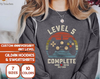 5th Wedding Anniversary Gift for Husband Wife Personalization Level 5 Complete, Anniversary Gift, Gamer Husband Gift, Video Game Sweatshirt