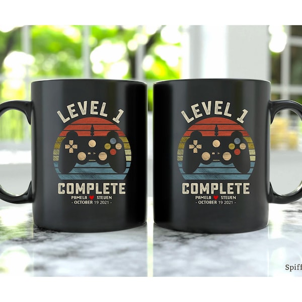 1st Wedding Anniversary Gift for Husband Wife, Personalization Level 1 Complete, 1 year Anniversary Gift for Gamer, Retro Video Game Mug