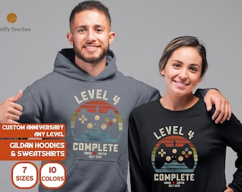 4th Wedding Anniversary Gift for Husband Wife Personalization Level 4 Complete, Anniversary Gift, Gamer Husband Gift,Retro Video Game Hoodie