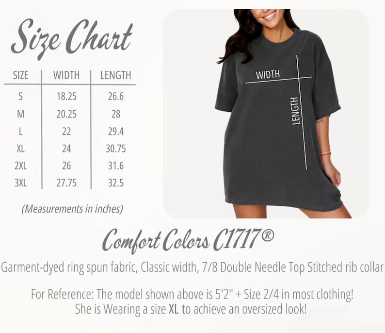 Comfort Colors C1717 Size Chart Shirt Width Length Measurements Reference Guide, S-3XL Garment Dyed Casual Tee, Oversized Look