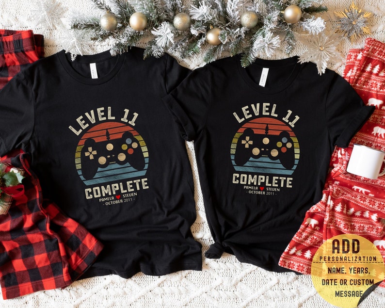 11th Wedding Anniversary Gift for Husband Wife, Personalization Level 11 Complete, 11 year Anniversary Gift for Gamer,Retro Video Game Shirt