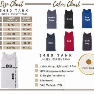 May include: A product image featuring a size and color chart for a unisex tank top. The size chart includes measurements in inches and centimeters. Color options include heather navy, black, true royal, navy, red, and dark grey.