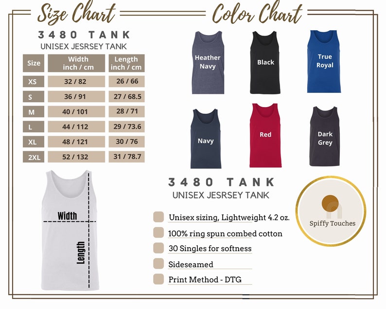May include: A product image featuring a size and color chart for a unisex tank top. The size chart includes measurements in inches and centimeters. Color options include heather navy, black, true royal, navy, red, and dark grey.