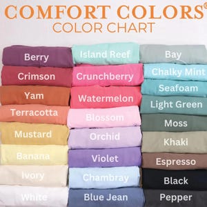 Comfort Colors T-Shirt Color Chart, Berry, Crimson, Yam, Terracotta, Mustard, Banana, Ivory, White, Island Reef, Crunchberry, Watermelon