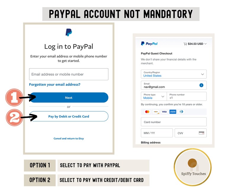 May include: A screenshot of a computer screen showing two options for paying for an item on Etsy. Option 1 is to pay with PayPal, and Option 2 is to pay with a debit or credit card. The PayPal option shows a login screen, and the credit card option shows a form to enter card details.