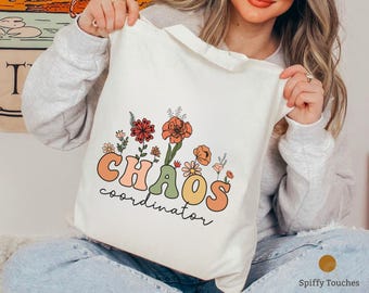 Bolsa de tela "Coordinador del Caos", diseño floral, regalo para profesores, bolsa organizadora, divertida para mamás, bolsa de trabajo, idea de regalo personalizada.