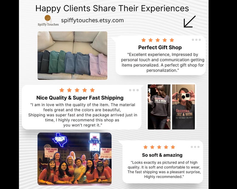 The image is a collage of several photos featuring a gift shop, with text describing the shop's experiences and quality.