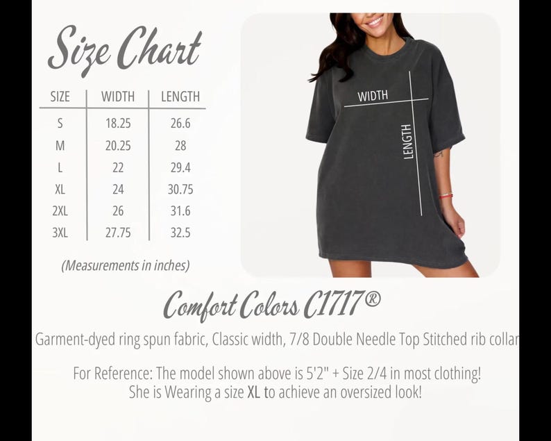 The image is a size chart for a black t-shirt, with measurements and a model shown. The chart includes a table with size and width measurements, and a photograph of a woman wearing the t-shirt.