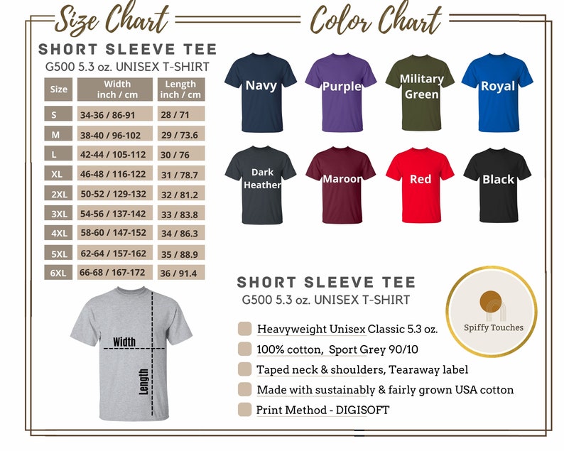 May include: A size and color chart for short sleeve unisex t-shirts. The chart includes measurements in inches and centimeters, with sizes ranging from S to 6XL. Color options include navy, purple, military green, royal, dark heather, maroon, red, and black.