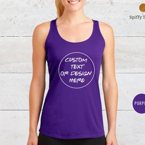 May include: Purple tank top with a white circle that says "CUSTOM TEXT OR DESIGN HERE".