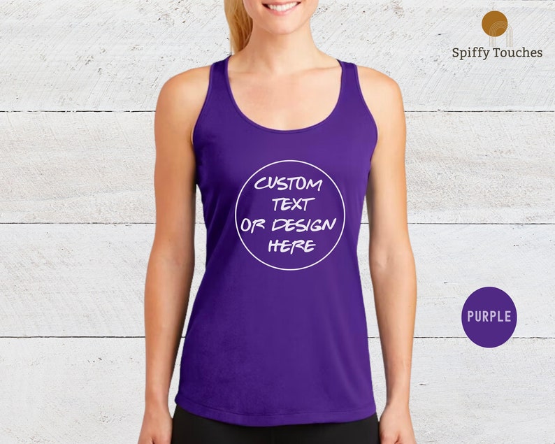 May include: Purple tank top with a white circle that says "CUSTOM TEXT OR DESIGN HERE".