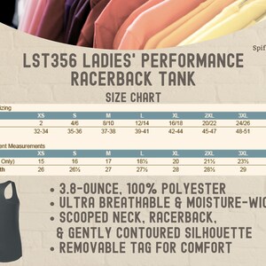 May include: A size chart for a racerback tank top, showing the suggested sizing and actual garment measurements in inches. The tank top is made of 3.8-ounce, 100% polyester fabric and features a scooped neck, racerback, and a gently contoured silhouette. The tank top also has a removable tag for comfort.