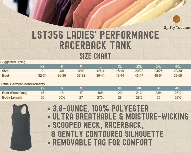 May include: A size chart for a racerback tank top, showing the suggested sizing and actual garment measurements in inches. The tank top is made of 3.8-ounce, 100% polyester fabric and features a scooped neck, racerback, and a gently contoured silhouette. The tank top also has a removable tag for comfort.