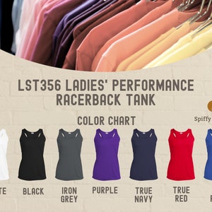 May include: Colour chart showing different colours of racerback tank tops. Colours include white, black, iron grey, purple, true navy, true red, and true royal.