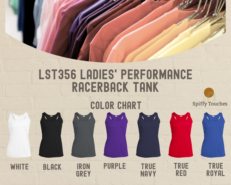 May include: Colour chart showing different colours of racerback tank tops. Colours include white, black, iron grey, purple, true navy, true red, and true royal.