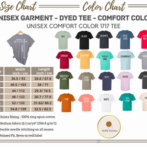 Op de afbeelding: Maattabel en kleurenkaart voor een unisex T-shirt. De tabel toont de breedte en lengte van het shirt in inches en centimeters voor de maten S, M, L, XL, 2XL en 3XL. De kleurenkaart toont 18 verschillende kleuren T-shirts, waaronder bay, zwart, grafiet, jeansblauw, watermeloen, karmijnrood, mosterd, krijtwit, Chambray, graniet, Monterey-salie, zandsteen, marineblauw, orchidee, peper, yam, terracotta, wit, zeeschuim en ivoor.