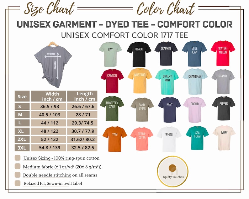 Op de afbeelding: Maattabel en kleurenkaart voor een unisex T-shirt. De tabel toont de breedte en lengte van het shirt in inches en centimeters voor de maten S, M, L, XL, 2XL en 3XL. De kleurenkaart toont 18 verschillende kleuren T-shirts, waaronder bay, zwart, grafiet, jeansblauw, watermeloen, karmijnrood, mosterd, krijtwit, Chambray, graniet, Monterey-salie, zandsteen, marineblauw, orchidee, peper, yam, terracotta, wit, zeeschuim en ivoor.