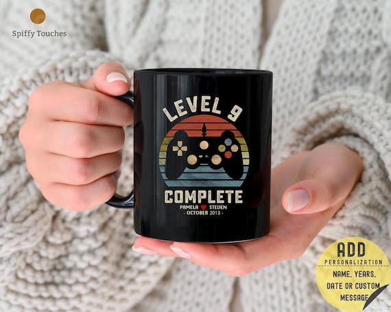 9th Wedding Anniversary Gift for Husband Wife, Personalization Level 9 Complete, 9 year Anniversary Gift for Gamer, Retro Video Game Mug