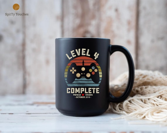 4th Anniversary Gamer Mug: Level 4 Complete, Retro Video Game Gift