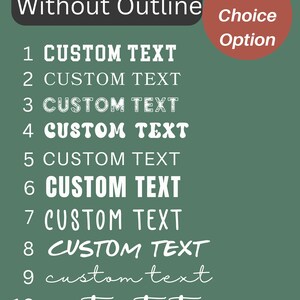 May include: A green background with the text "Without Outline" in a black rectangle at the top. Below the text are 10 lines of text, each with a number and the words "CUSTOM TEXT" in different fonts. The text "Font Choice Option" is in a red circle at the top right.