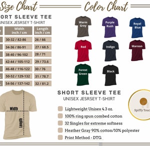 May include: A size and color chart for a unisex short sleeve tee shirt. The chart includes measurements in inches and centimeters, with sizes ranging from XS to 3XL. Color options include warm grey, purple rush, royal blue, red, indigo, maroon, forest green, and black.