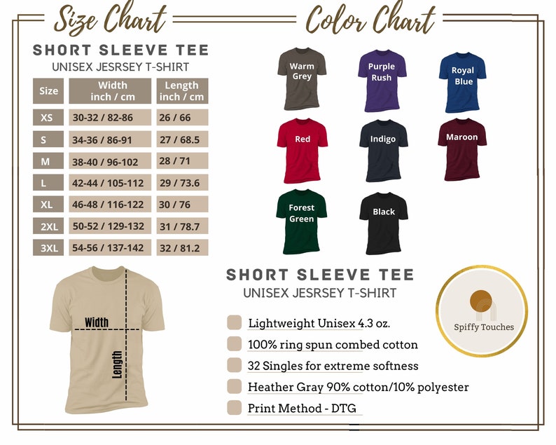 May include: A size and color chart for a unisex short sleeve tee shirt. The chart includes measurements in inches and centimeters, with sizes ranging from XS to 3XL. Color options include warm grey, purple rush, royal blue, red, indigo, maroon, forest green, and black.