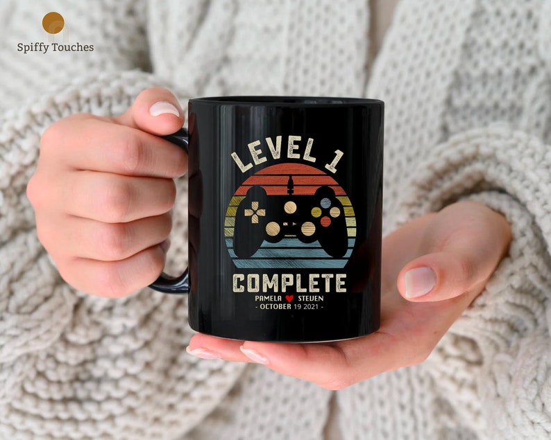 1st Wedding Anniversary Gift for Husband Wife, Personalization Level 1 Complete, 1 year Anniversary Gift for Gamer, Retro Video Game Mug