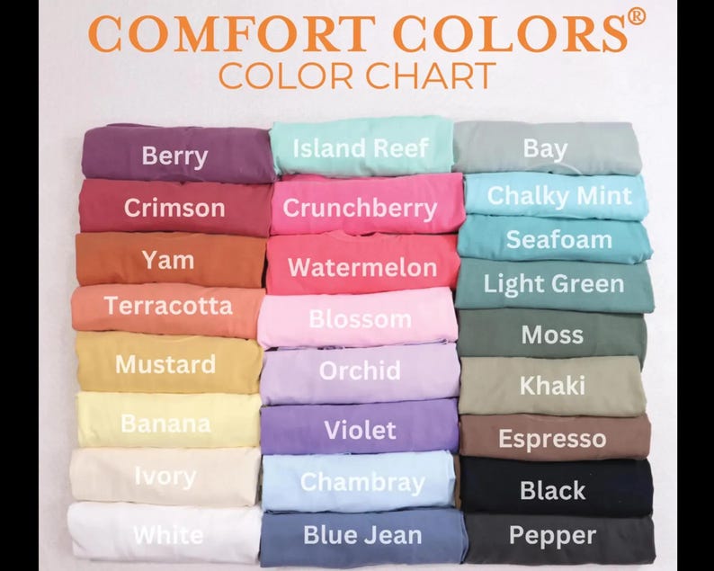 a color chart with various clothing items, each labeled with a different color.