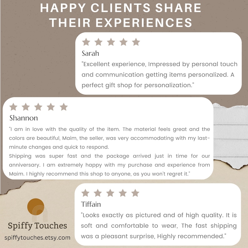 May include: Three customer reviews with five-star ratings for Spiffy Touches, an Etsy shop. The reviews highlight the quality of the items, the seller's responsiveness, and the fast shipping.