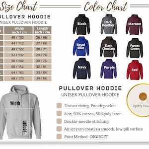 May include: A product image showcasing a unisex pullover hoodie with a size chart and color options. The size chart includes measurements in inches and centimeters, ranging from S to 5XL. Color options include black, dark heather, maroon, royal blue, dark chocolate, forest green, navy, purple, and red.